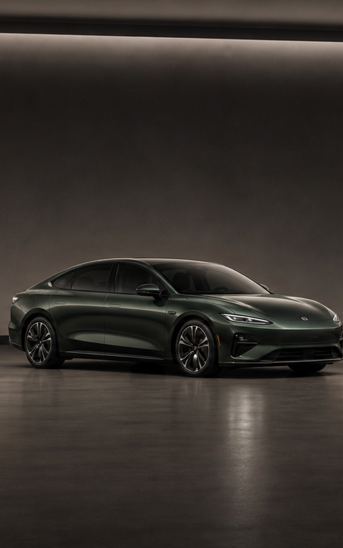 ARVENN AVEL, berline électrique vert abysse en studio sombre, visuel principal du prototype.