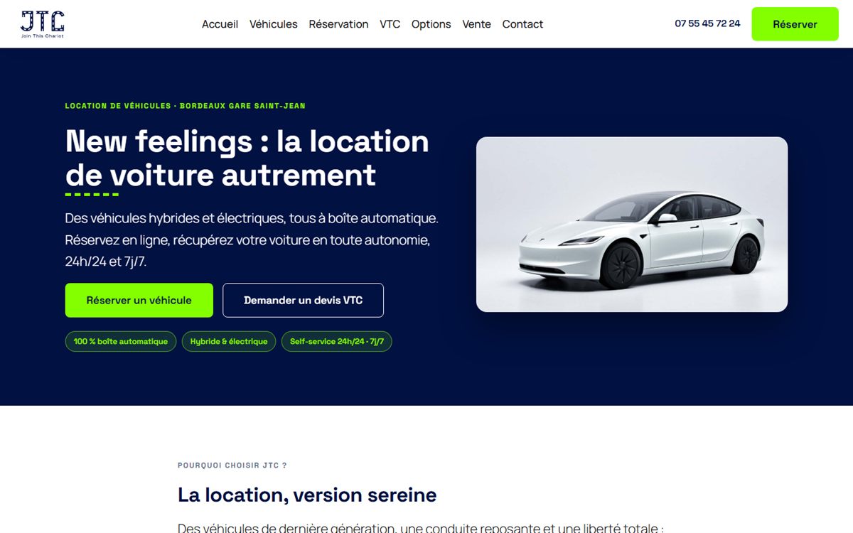 Page d'accueil de jtcar.fr, location de v&eacute;hicules &agrave; Bordeaux.