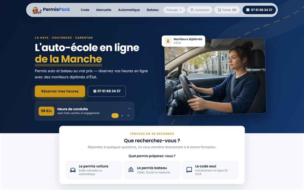 Page d'accueil de permispack.com, auto-&eacute;cole en ligne de la Manche.