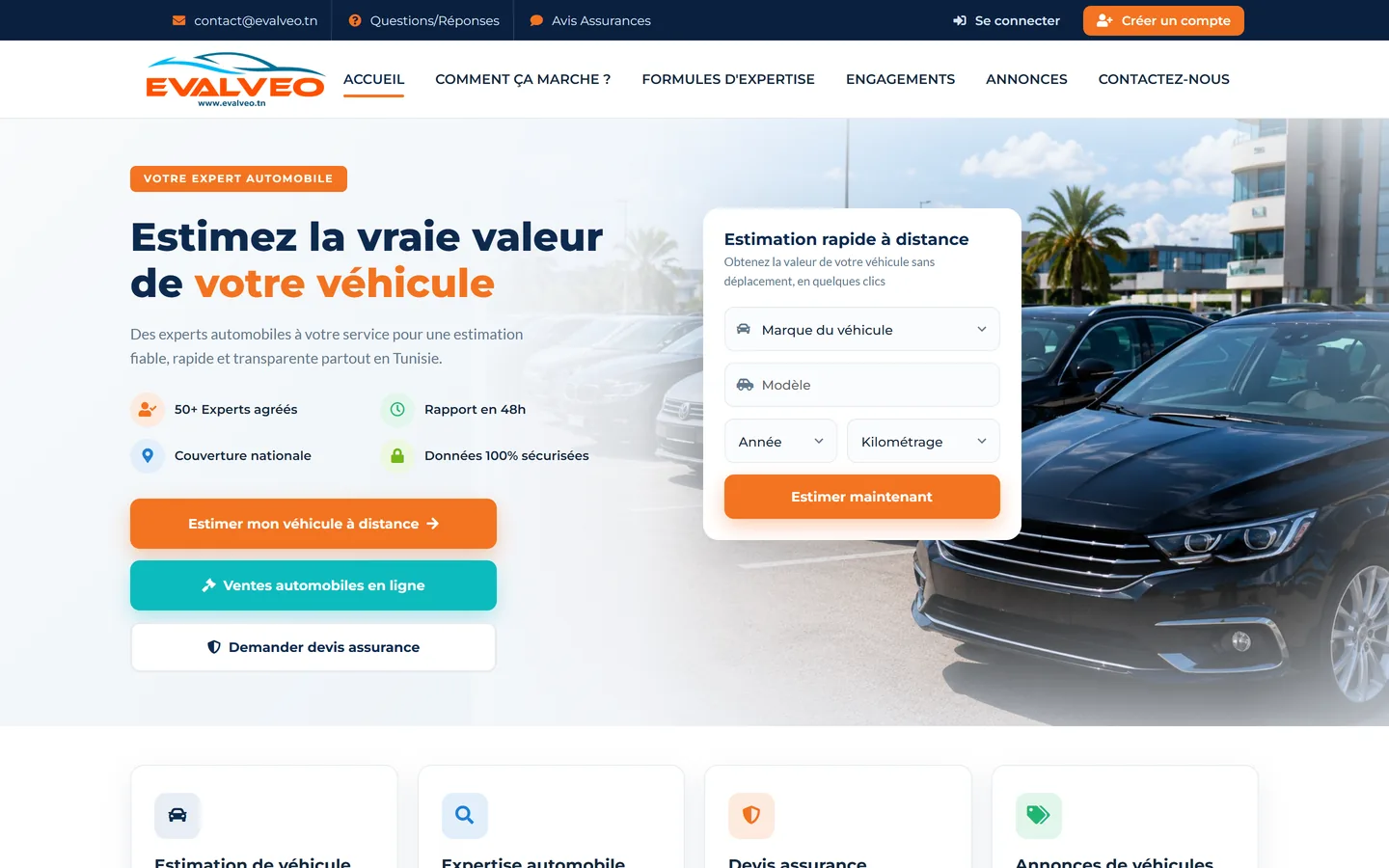 Page d’accueil de la plateforme EVALVEO, estimation de véhicule en ligne