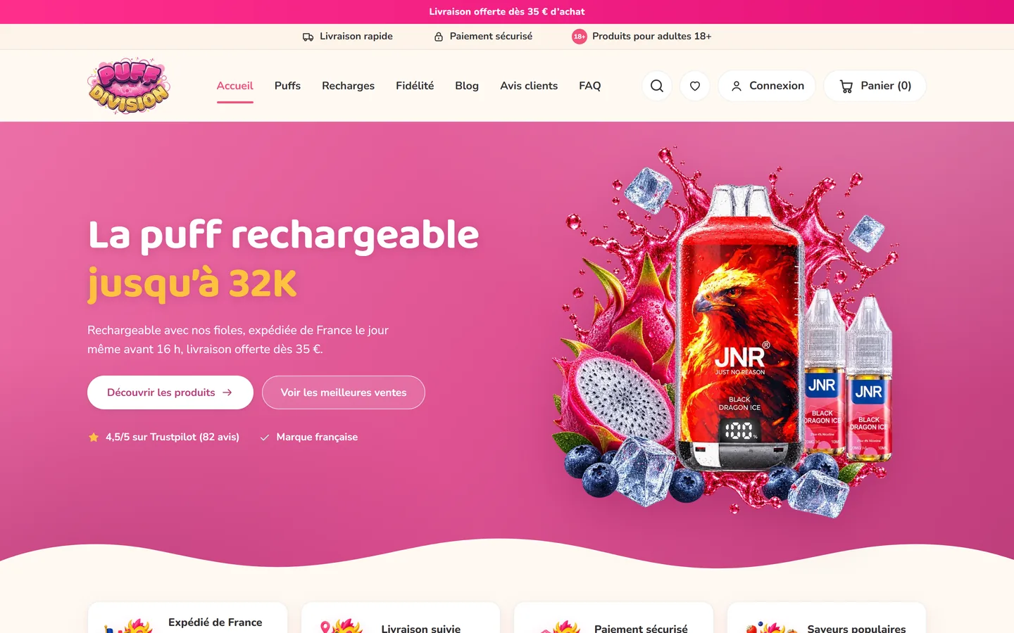 Page d’accueil de la boutique Shopify Puff Division sur ordinateur