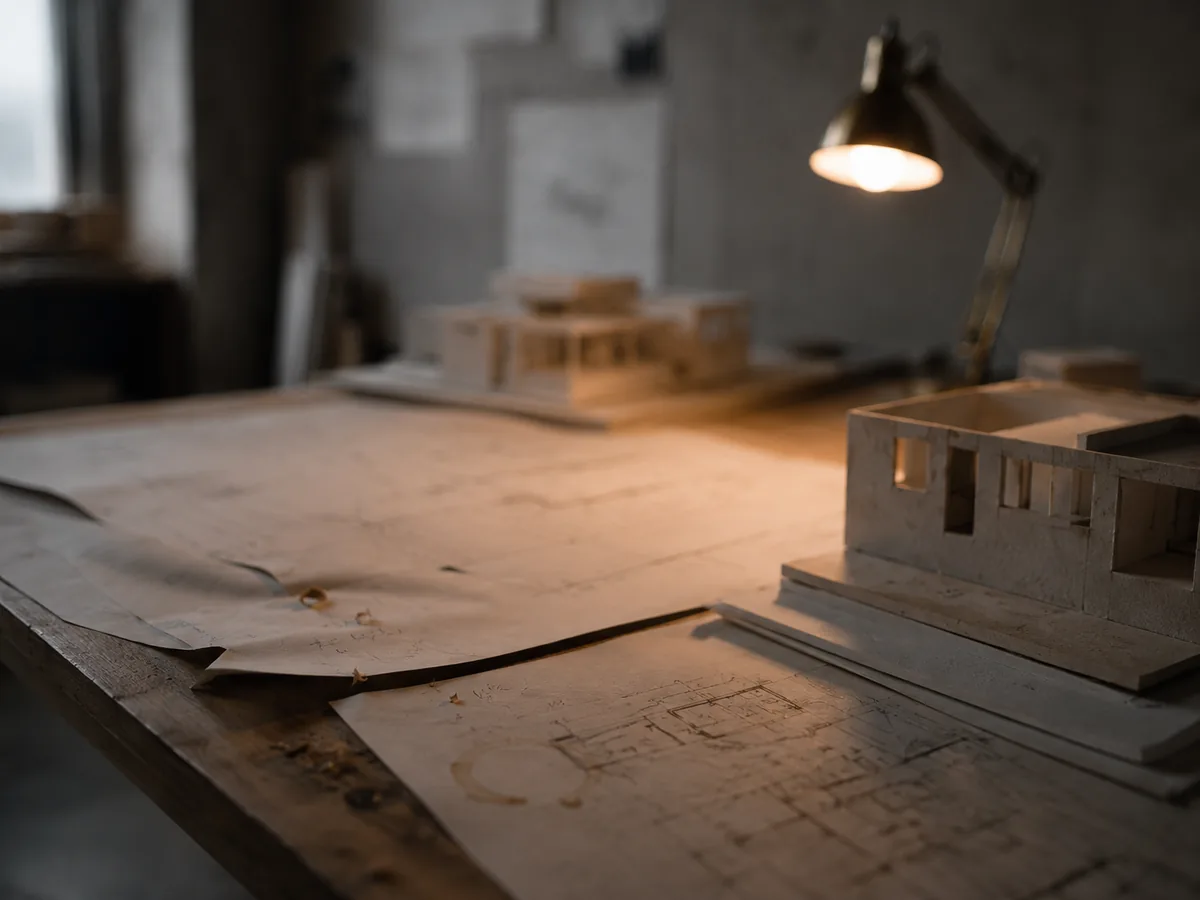 Table de travail d'architecte avec plans techniques et maquette sous une lampe.