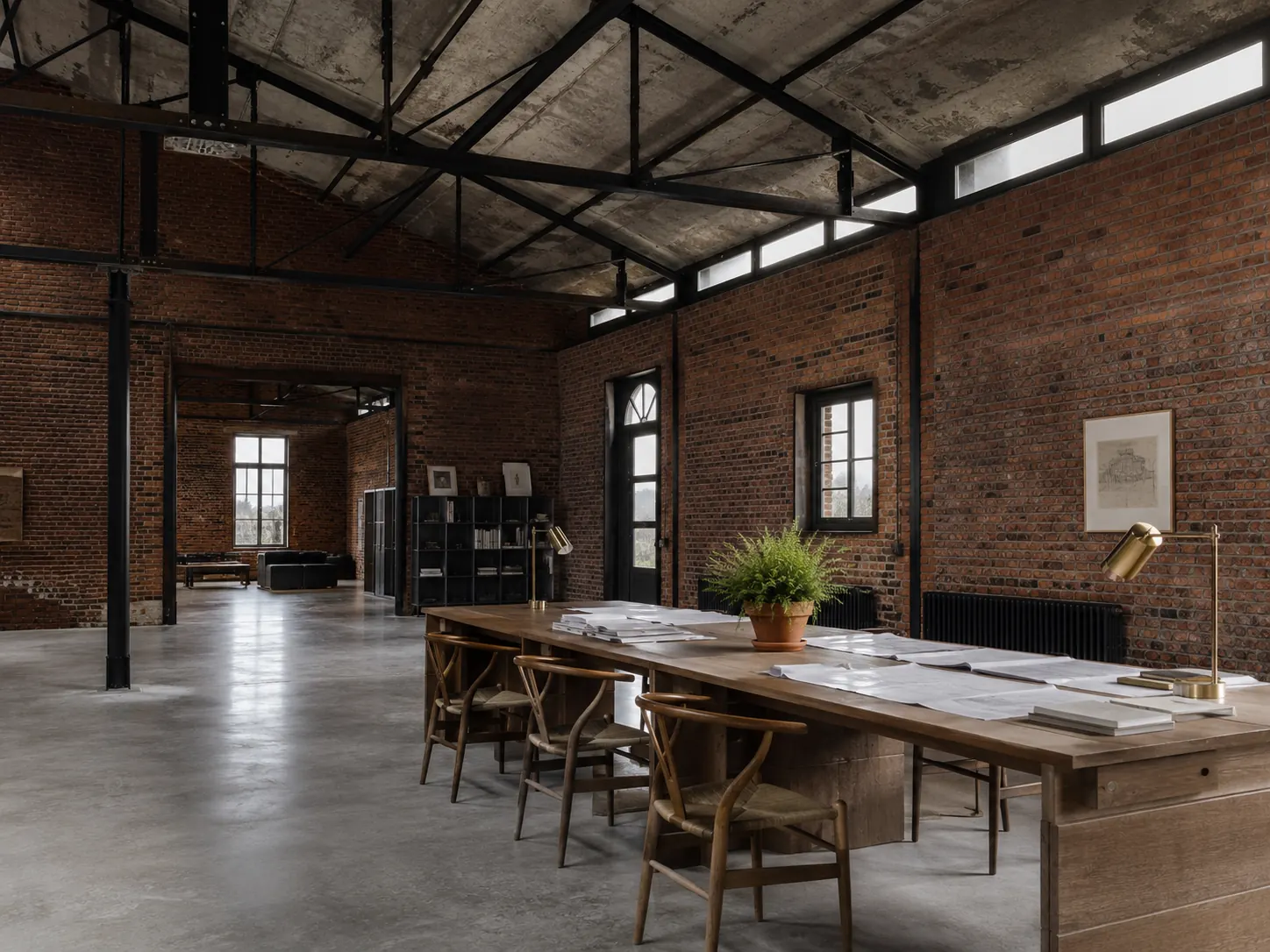 Grand atelier en brique avec charpente métallique, table de travail et plans déployés.