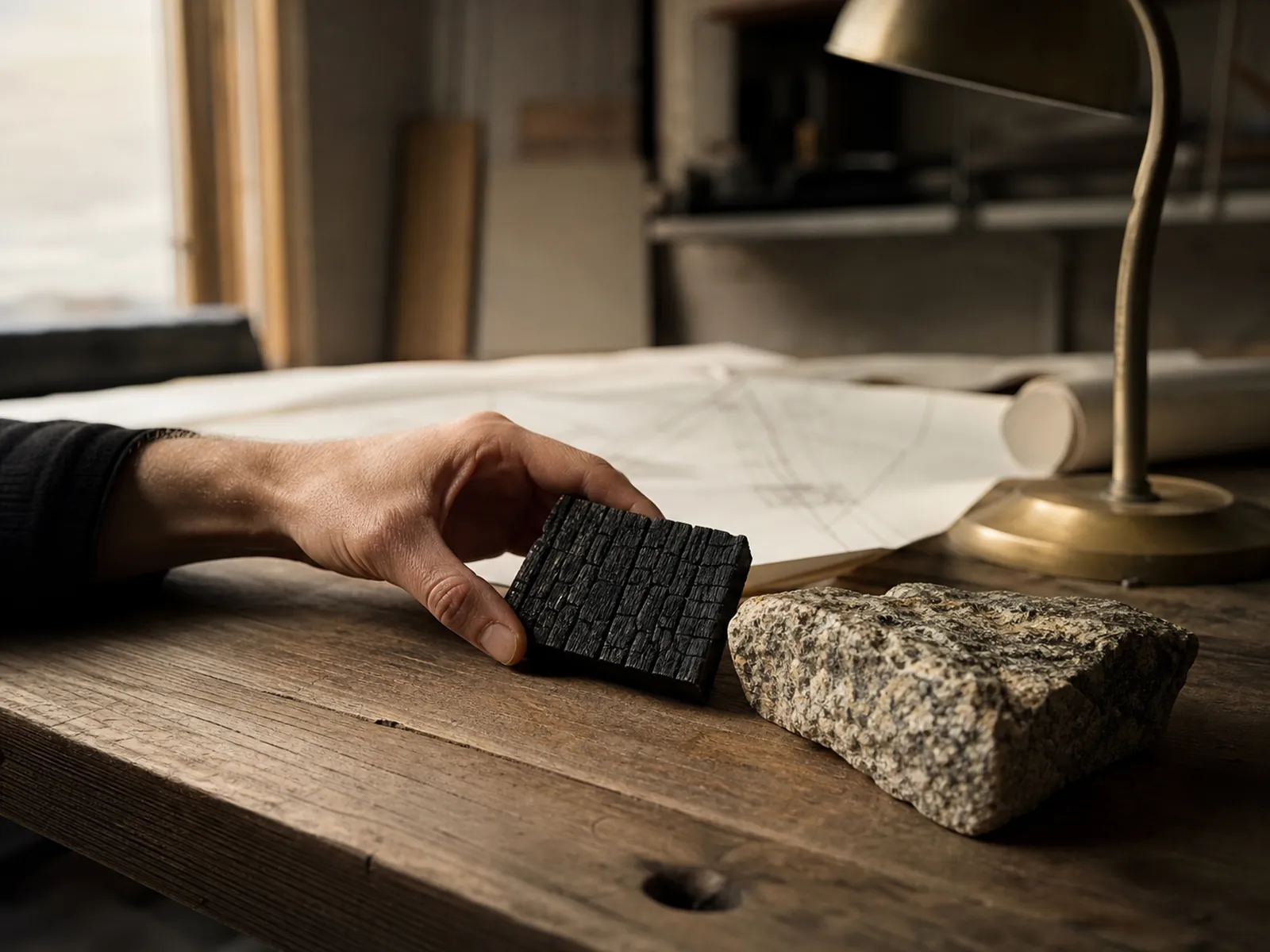 Main d'architecte tenant un échantillon de bois brûlé près d'un bloc de granit breton, sur un établi avec plans techniques.