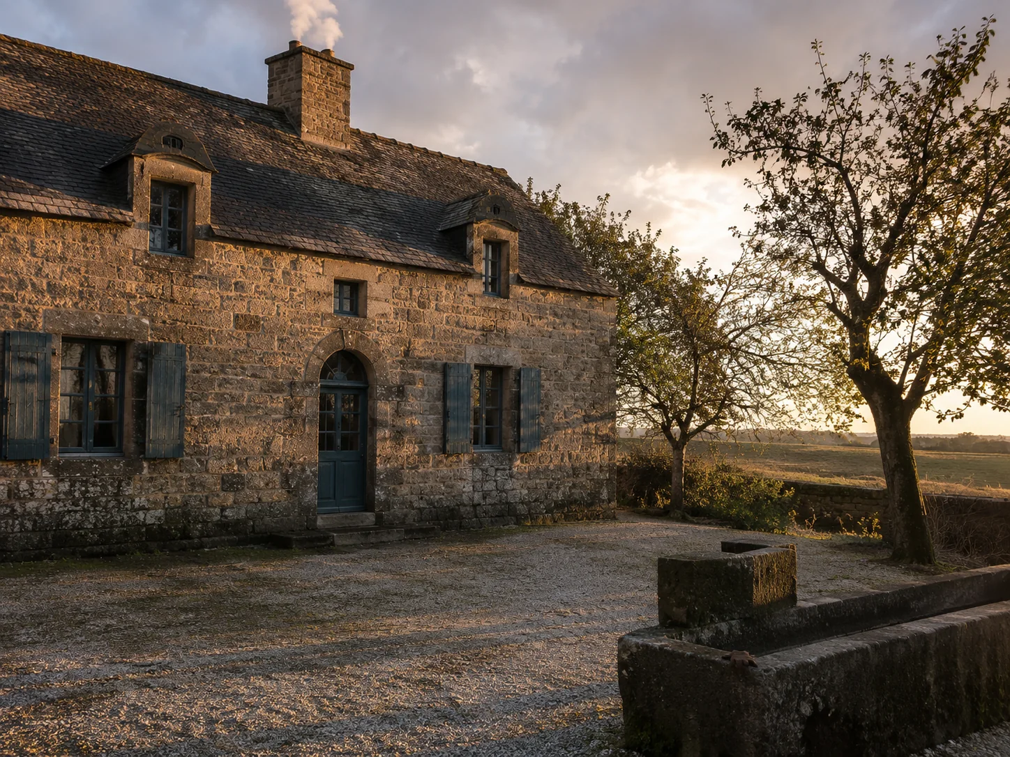 Longère bretonne en pierre au soleil couchant, avec menuiseries sombres et cour gravillonnée.